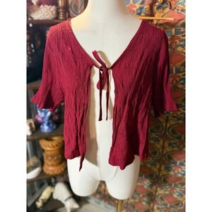 Kathie Lee Woman Burgundy Tie Front Shrug Short Sleeve Embroidered Cardigan Top